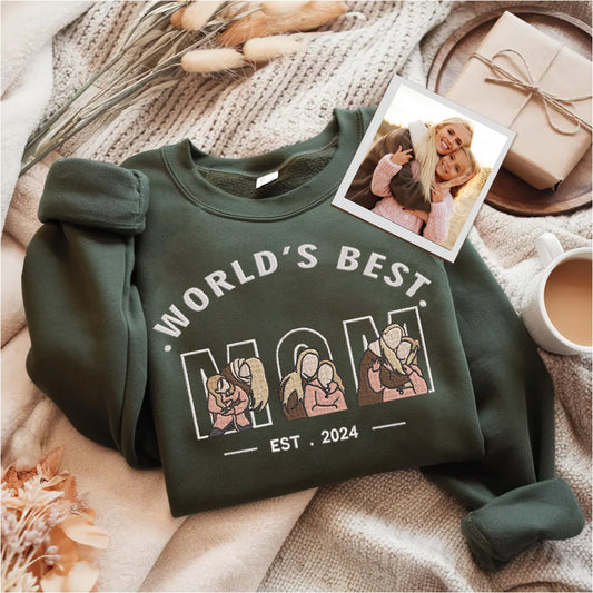 Mother's Day Personalized Embroidered World's Best Mom 3 Family Photos Hoodie Sweatshirt T-Shirt, Gift For Mom, Mother's Day Gift