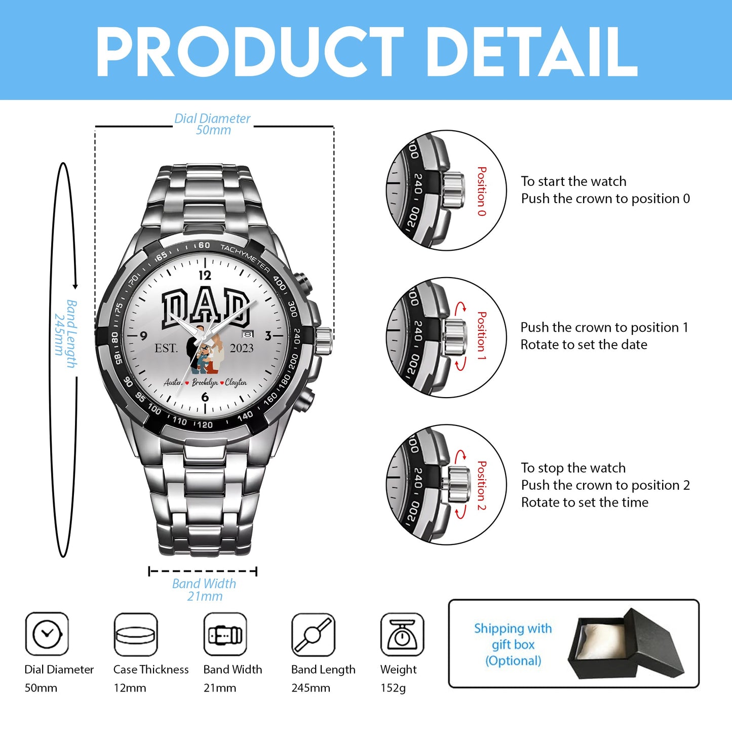 Personalized Alloy Dad Quartz Watch with Family Photos & Kids’ Names