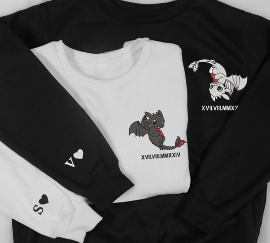 Valentine Personalized Embroidered Roman Numeral Dragon Couple Hoodie Sweatshirt T-Shirt
