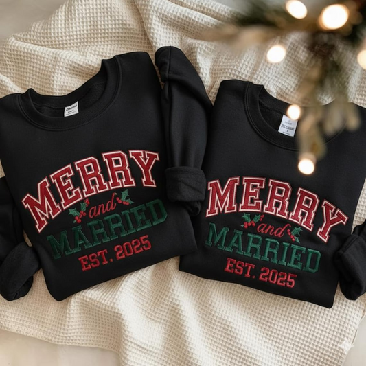 Personalized Embroidered Merry And Married Hoodie Sweatshirt T-Shirt
