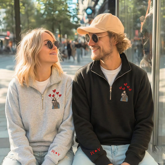 Valentine Custom Embroidered Sweatshirt, Heart Balloon Couples Quarter-Zip Sweatshirt, Initial With Heart On Sleeve, Valentines Day Gift Hoodie Sweatshirt T-Shirt