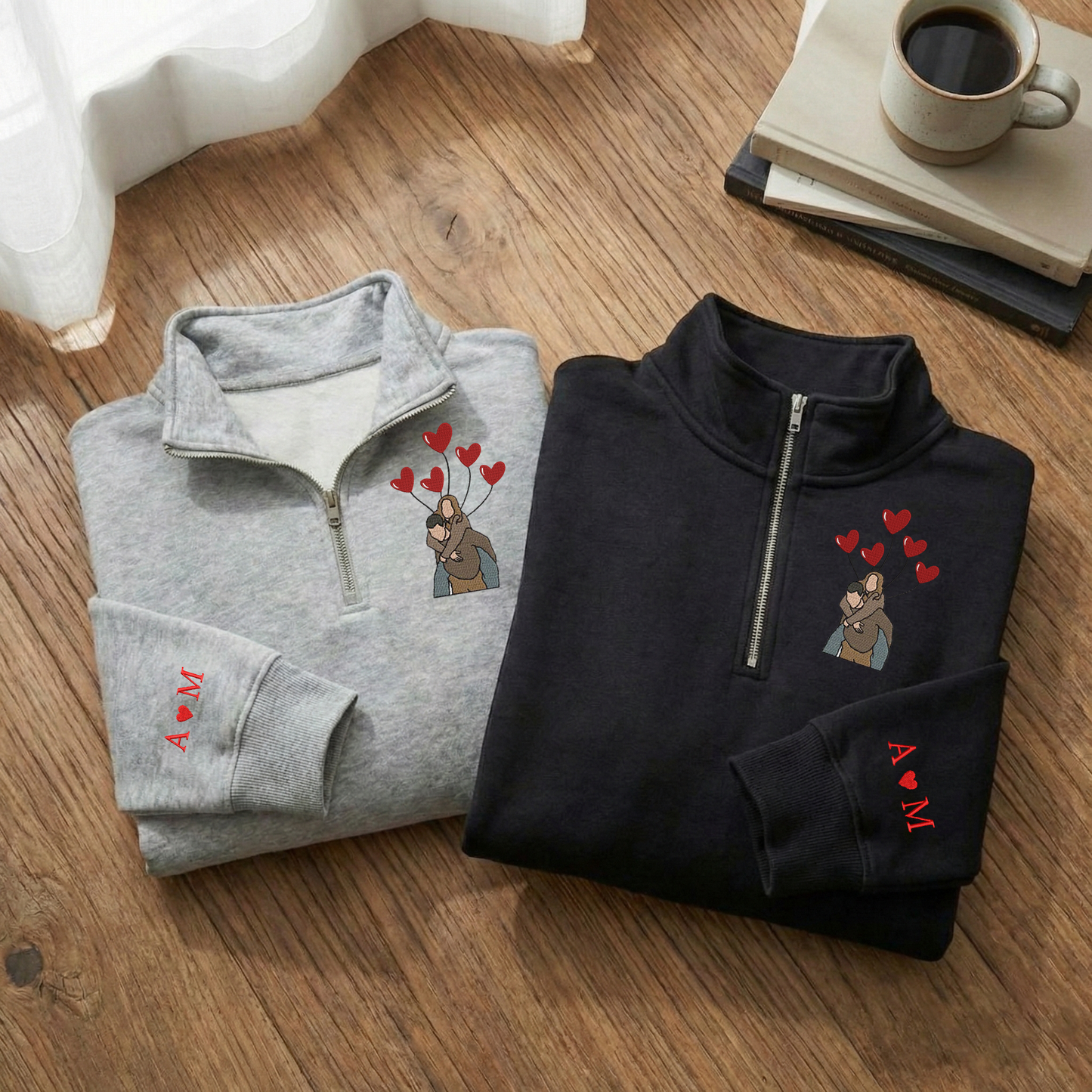 Valentine Custom Embroidered Sweatshirt, Heart Balloon Couples Quarter-Zip Sweatshirt, Initial With Heart On Sleeve, Valentines Day Gift Hoodie Sweatshirt T-Shirt
