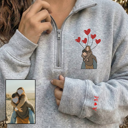 Valentine Custom Embroidered Sweatshirt, Heart Balloon Couples Quarter-Zip Sweatshirt, Initial With Heart On Sleeve, Valentines Day Gift Hoodie Sweatshirt T-Shirt
