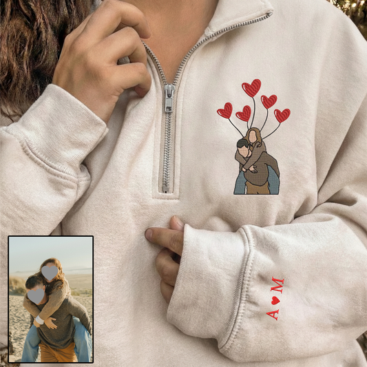 Valentine Custom Embroidered Sweatshirt, Heart Balloon Couples Quarter-Zip Sweatshirt, Initial With Heart On Sleeve, Valentines Day Gift Hoodie Sweatshirt T-Shirt