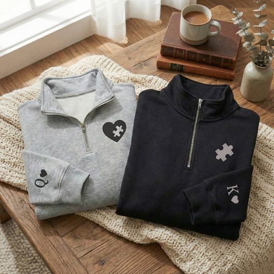 Embroidered Sweatshirt, Heart and Puzzle Piece Couples Quarter-Zip Sweatshirt, Initial With Heart On Sleeve, Valentines Day Gift Hoodie Sweatshirt T-Shirt