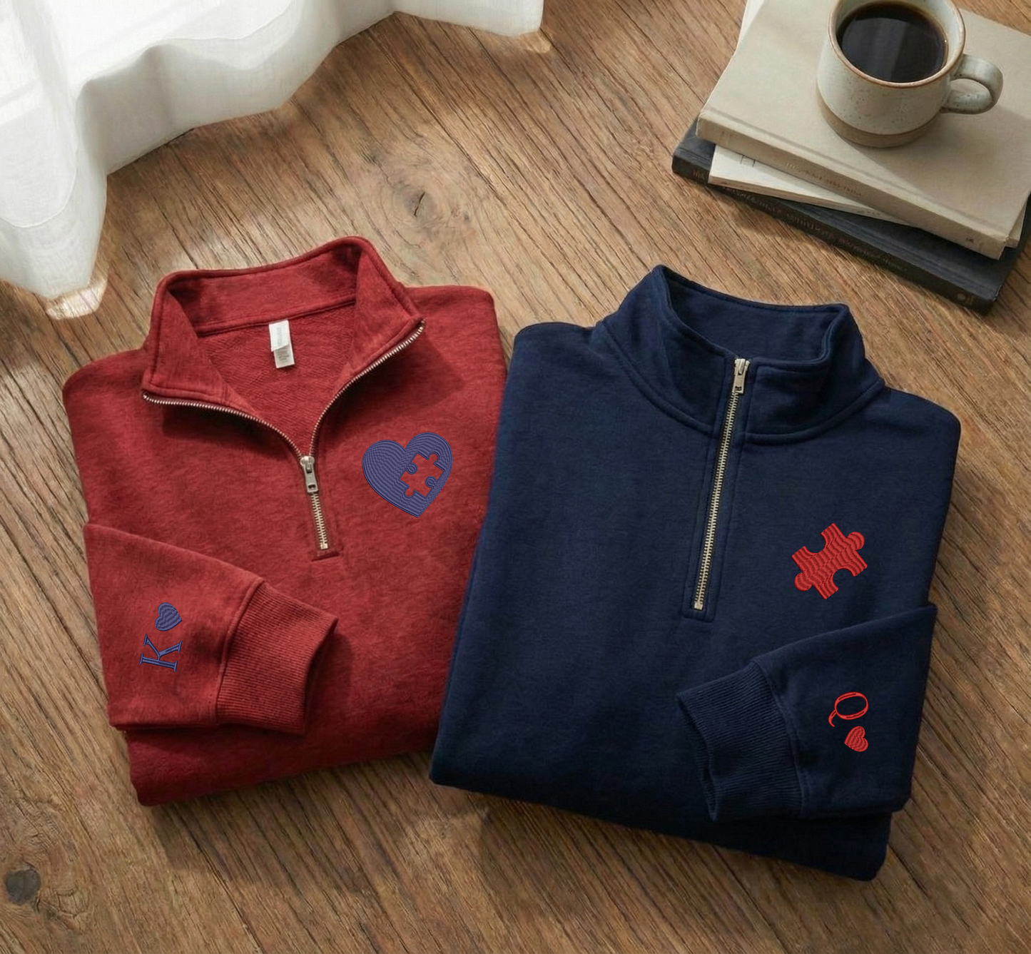 Embroidered Sweatshirt, Heart and Puzzle Piece Couples Quarter-Zip Sweatshirt, Initial With Heart On Sleeve, Valentines Day Gift Hoodie Sweatshirt T-Shirt