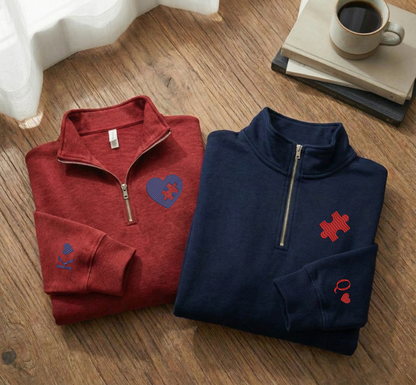 Embroidered Sweatshirt, Heart and Puzzle Piece Couples Quarter-Zip Sweatshirt, Initial With Heart On Sleeve, Valentines Day Gift Hoodie Sweatshirt T-Shirt
