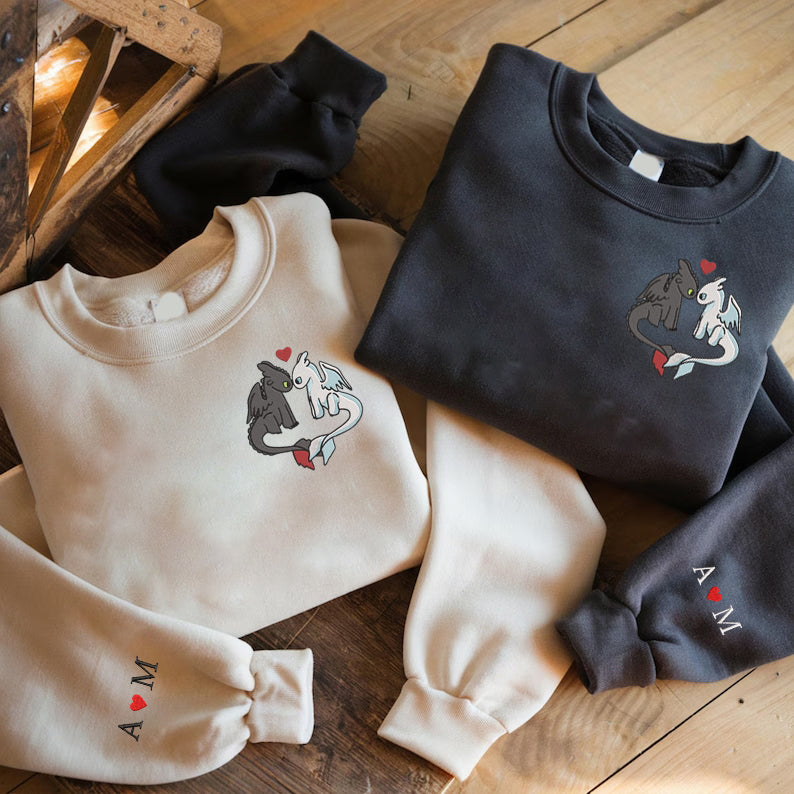 Valentine Personalized Embroidered Dragon Couple Hoodie Sweatshirt T-Shirt