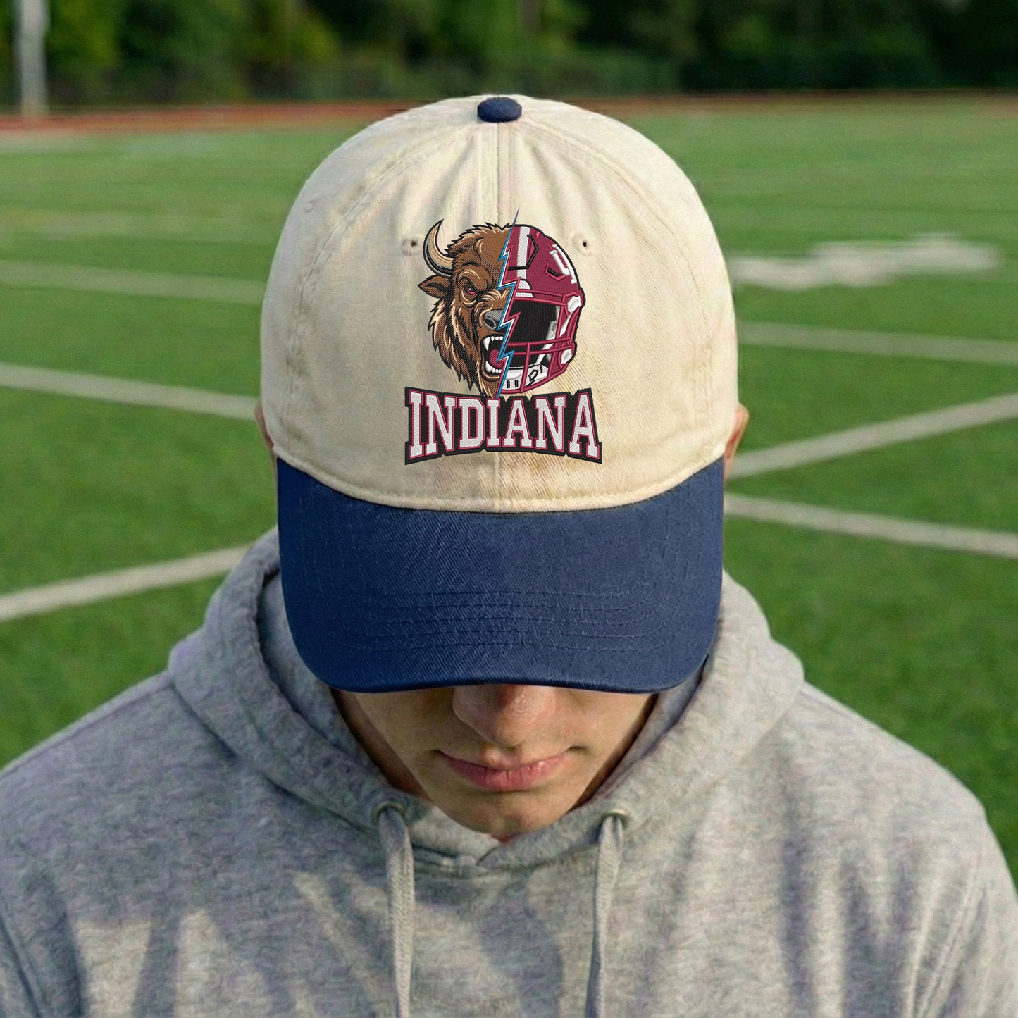Embroidered Indiana Hoosiers Mascot And Helmet Vintage Style Trucker Hat, Dyed Cap