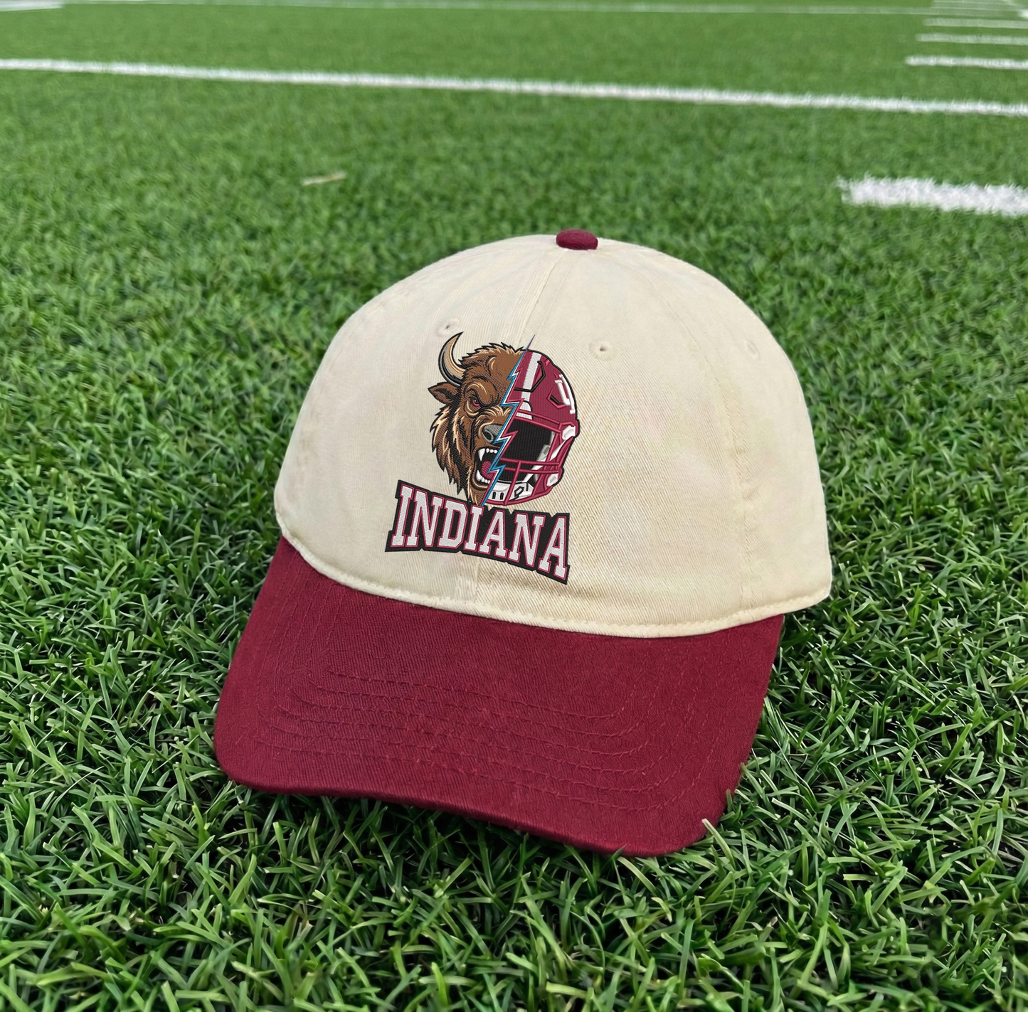 Embroidered Indiana Hoosiers Mascot And Helmet Vintage Style Trucker Hat, Dyed Cap