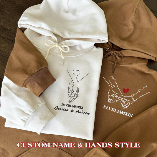 Valentine Custom Embroidered Couple Names Holding Hands Hoodie Sweatshirt T-shirt