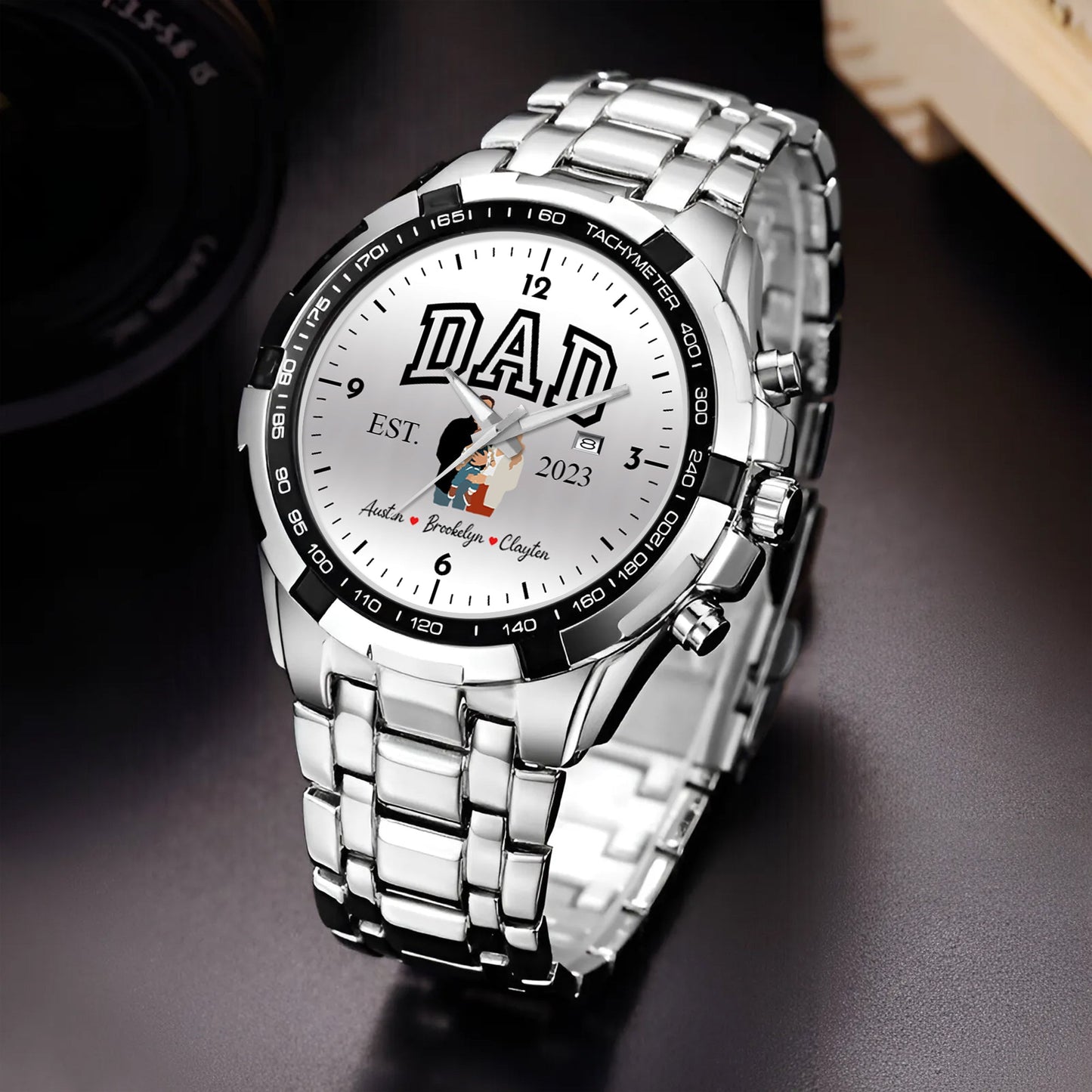 Personalized Alloy Dad Quartz Watch with Family Photos & Kids’ Names