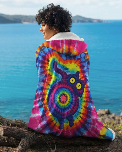 CAT COLORFUL SWIRL PATTERN SHERPA BLANKET HOODIE - TLNO0701265