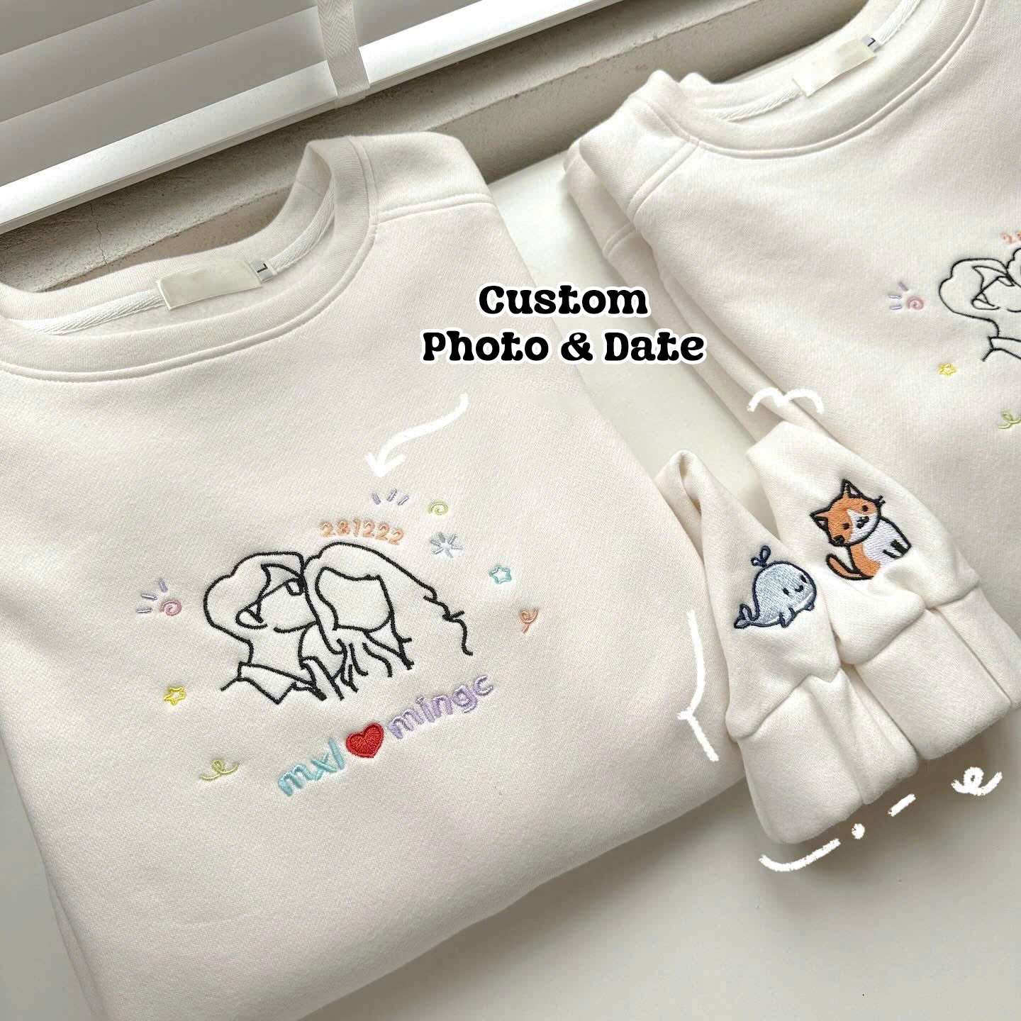 Valentine Personalized Embroidered Couple Outline Photo Hoodie Sweatshirt T-Shirt