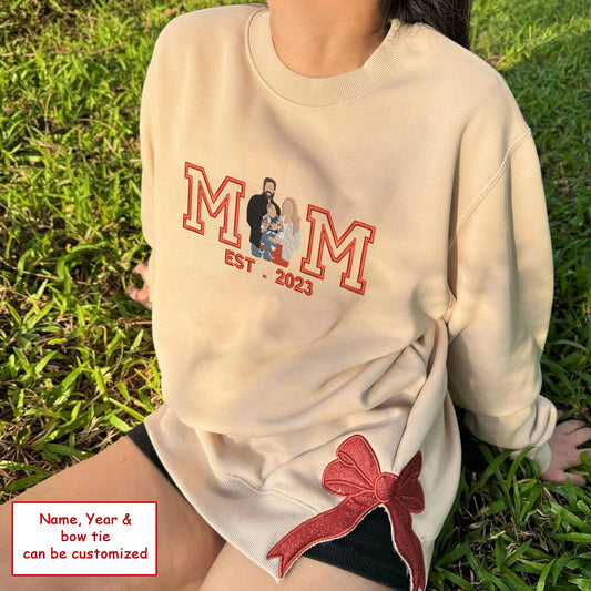 Christmas Personalized Embroidered Family Photo With Glitter Bow Hoodie Sweatshirt T-Shirt