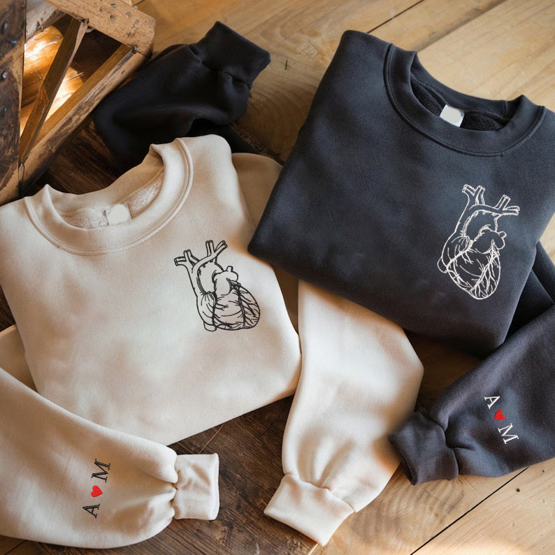 Valentine Personalized Embroidered Anatomical Heart Hoodie Sweatshirt T-Shirt