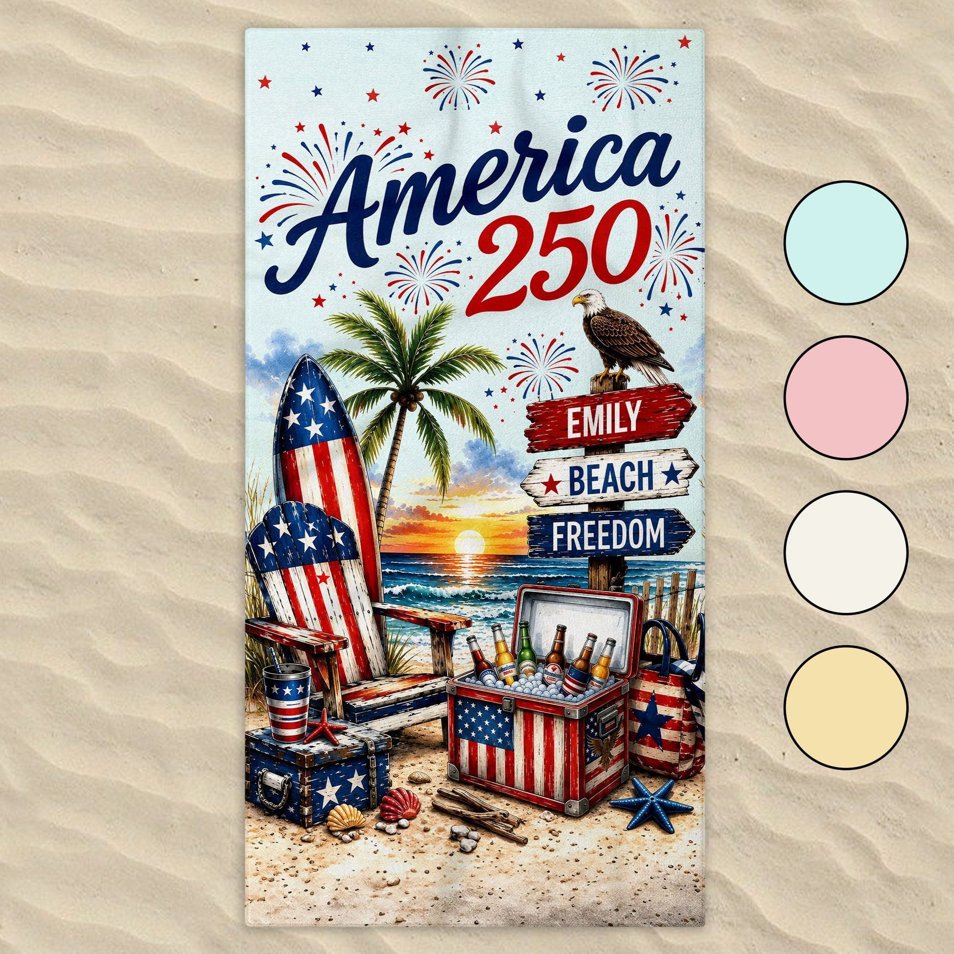 Personalized Beach Towel Custom Name Eagle Fireworks Gift Beach Towels GradoCreations