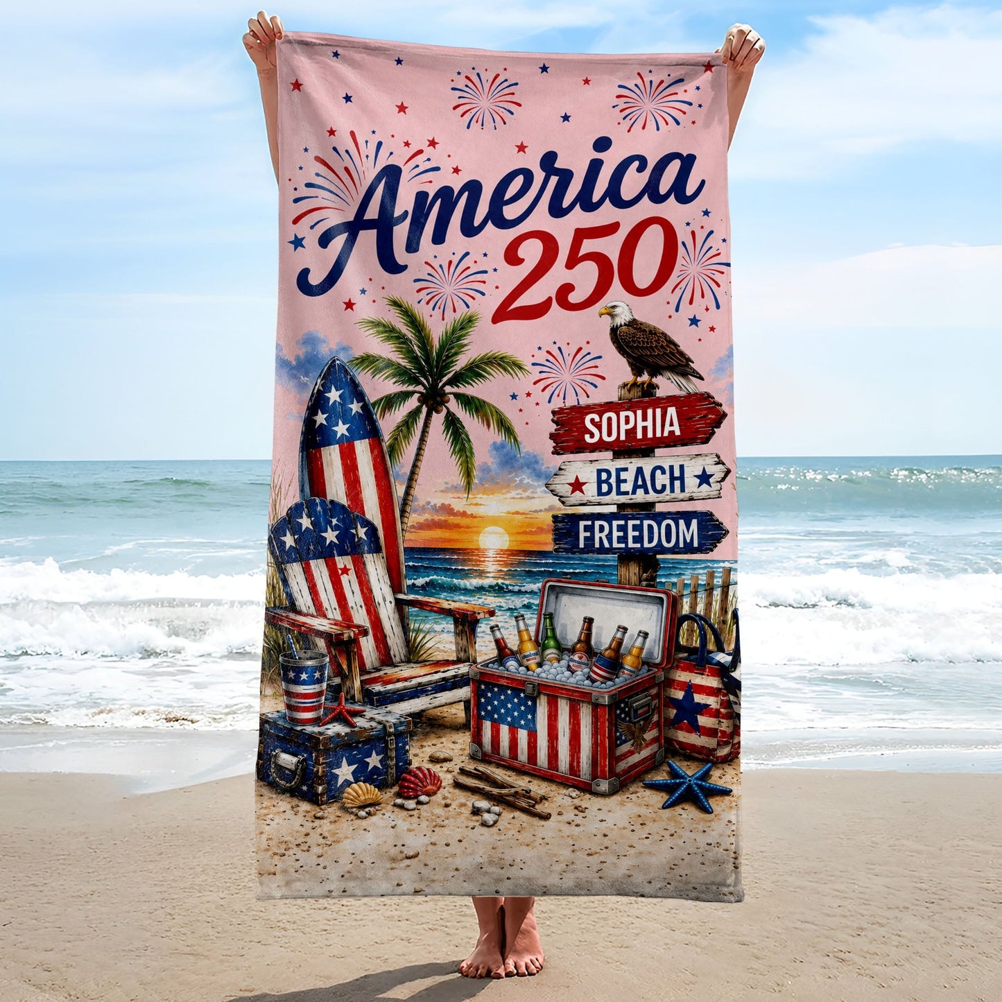 Personalized Beach Towel Custom Name Eagle Fireworks Gift Beach Towels GradoCreations