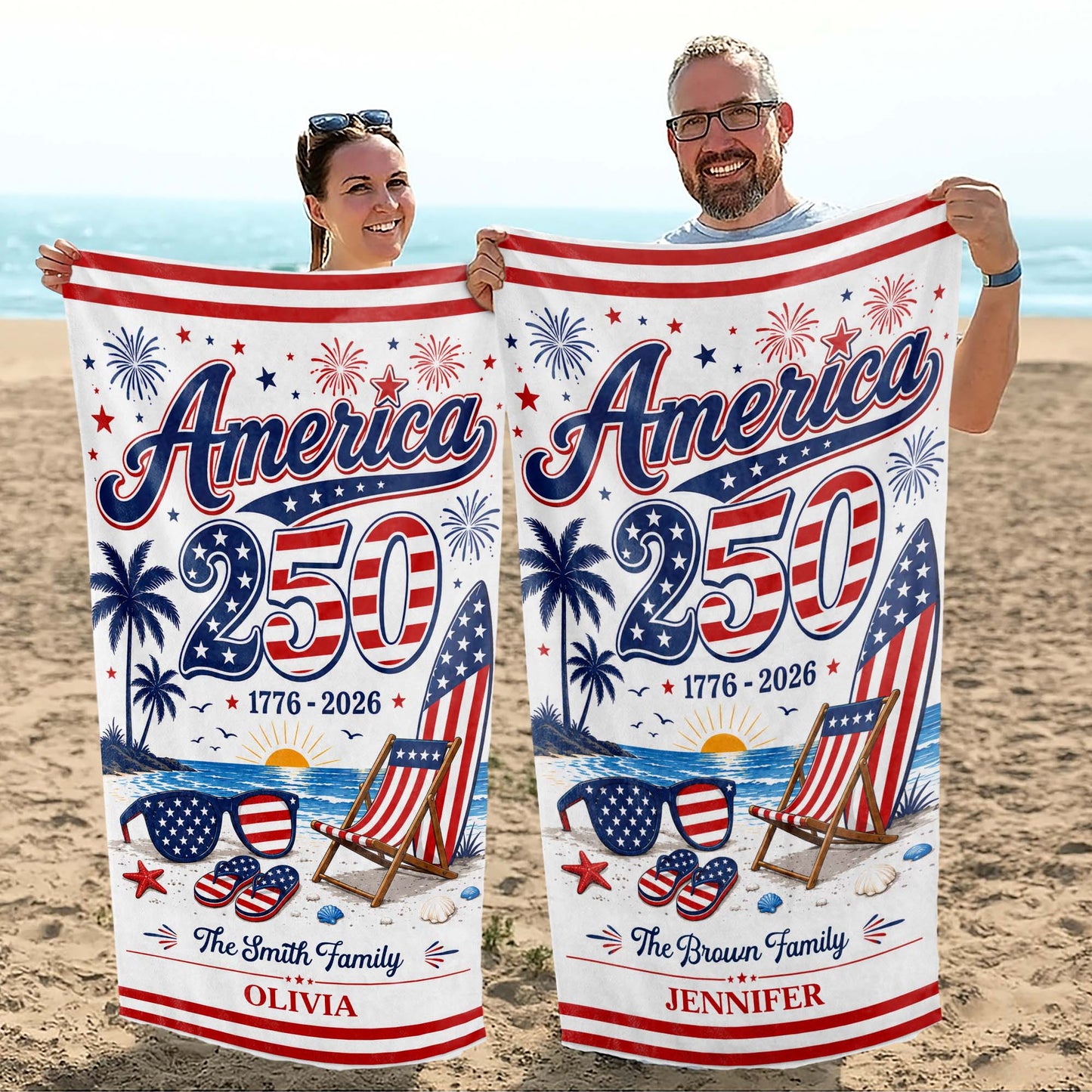 Personalized USA Flag Beach Towel Custom Family Name Gift Beach Towels GradoCreations