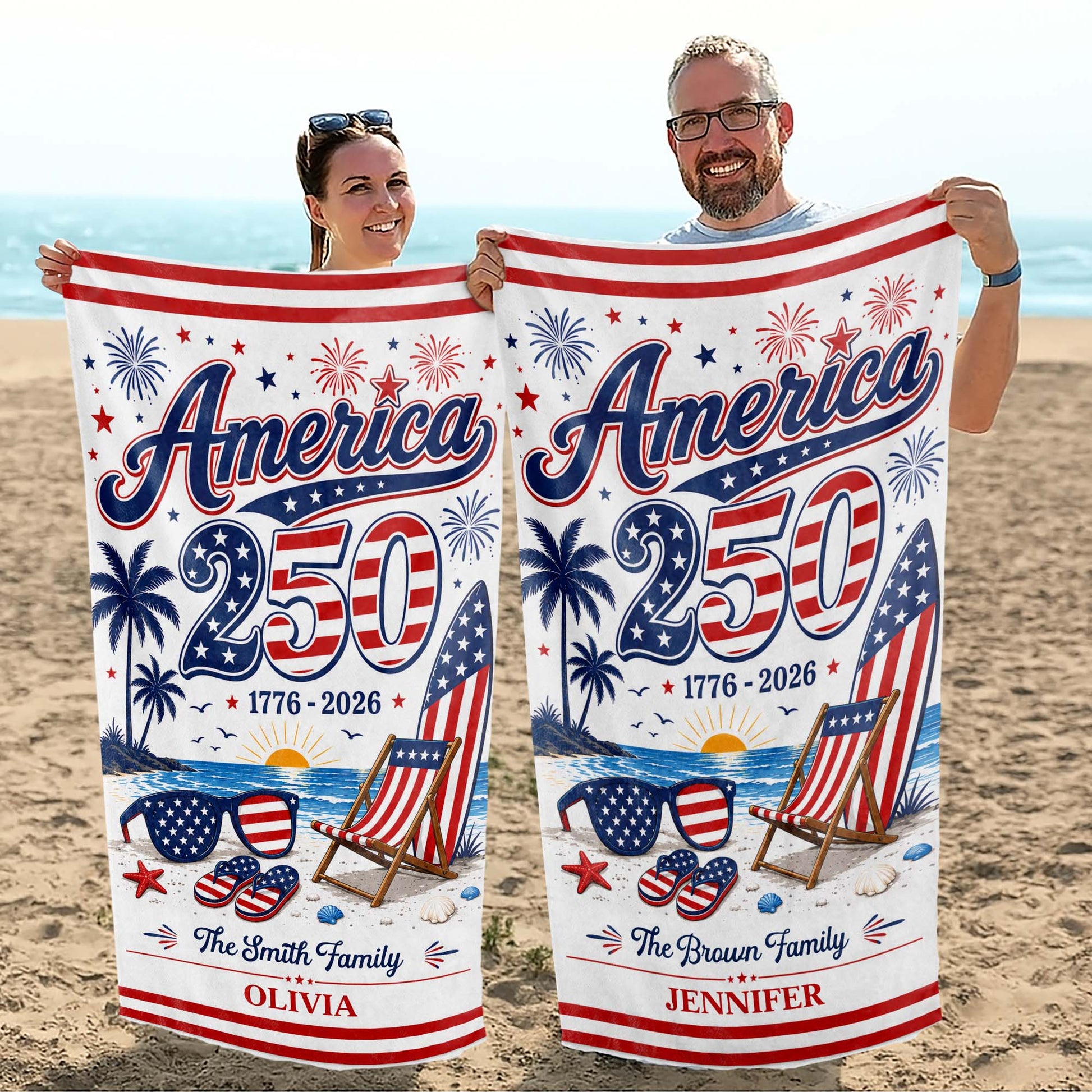 Personalized USA Flag Beach Towel Custom Family Name Gift Beach Towels GradoCreations
