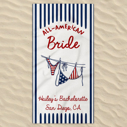 Personalized All-American Bride Beach Towel with USA Flag Gift for Bachelorette Beach Towels GradoCreations