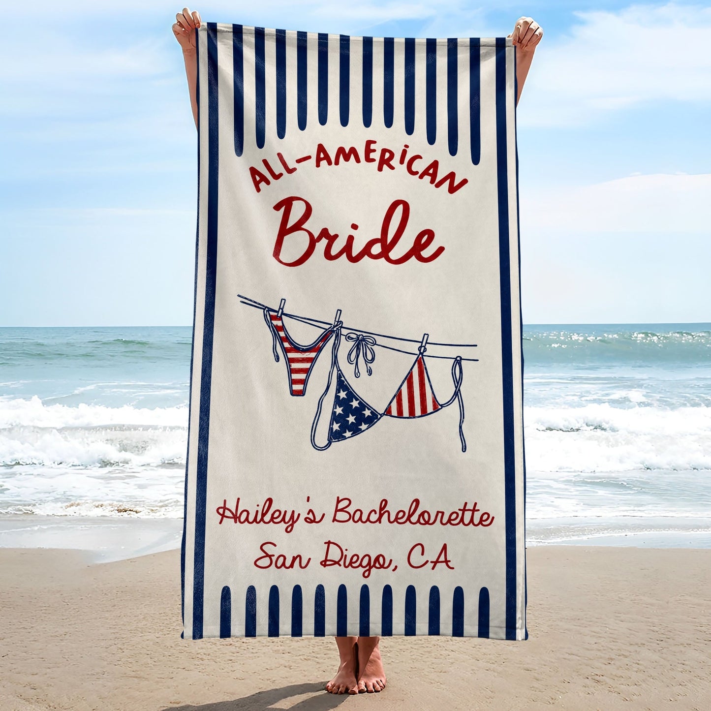Personalized All-American Bride Beach Towel with USA Flag Gift for Bachelorette Beach Towels GradoCreations
