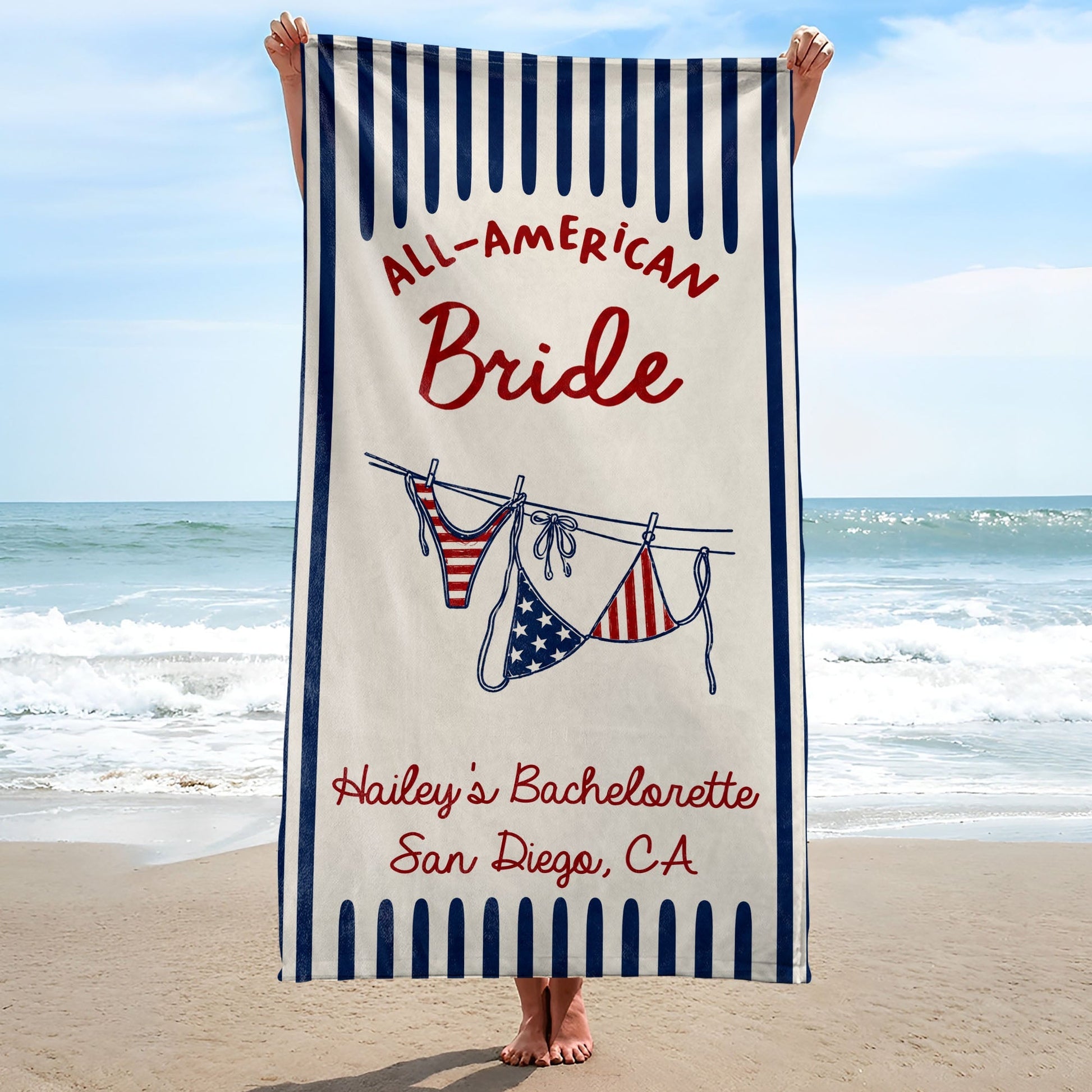 Personalized All-American Bride Beach Towel with USA Flag Gift for Bachelorette Beach Towels GradoCreations
