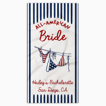 Personalized All-American Bride Beach Towel with USA Flag Gift for Bachelorette Beach Towels GradoCreations