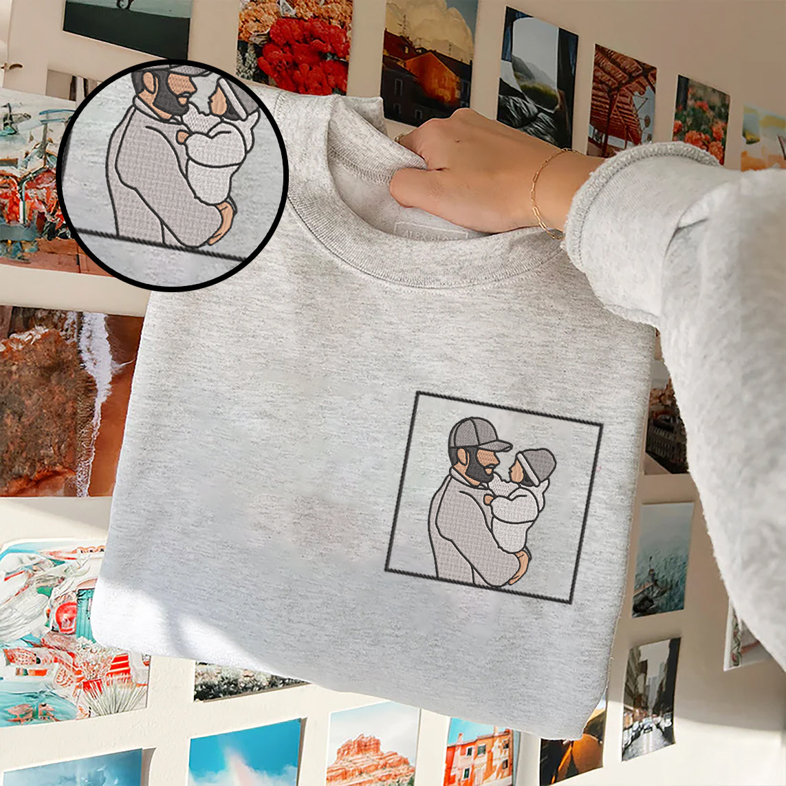 Father's Day Personalized Embroidered Family Photo Framed Hoodie Sweatshirt T-Shirt