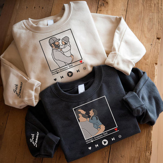 Father's Day Personalized Embroidered Family Photo Framed Custom Text Hoodie Sweatshirt T-Shirt