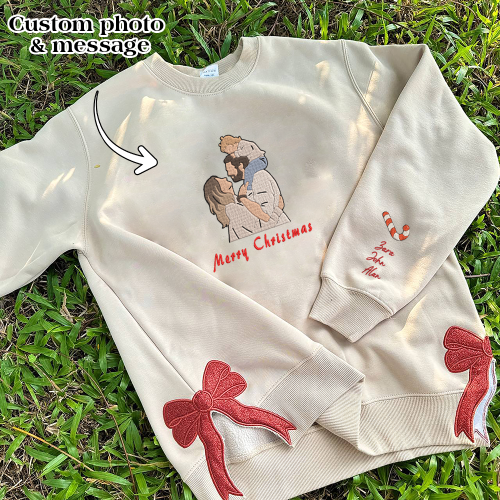 Christmas Embroidered Family Couple Photo Glitter Bow Hoodie Sweatshirt T-Shirt