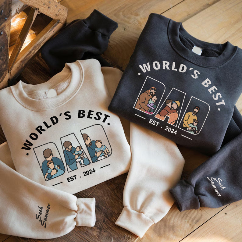 Father's Day Personalized Embroidered World's Best Dad 3 Family Photos Hoodie Sweatshirt T-Shirt, Gift For Dad, Father's Day Gift