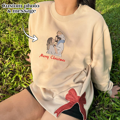 Christmas Embroidered Family Couple Photo Glitter Bow Hoodie Sweatshirt T-Shirt