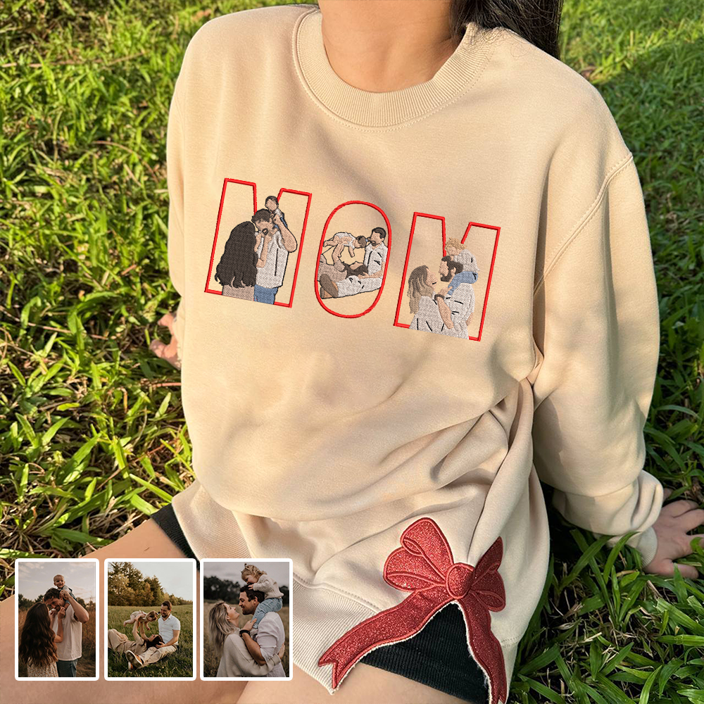 Christmas Embroidered Family Photo Glitter Bow Hoodie Sweatshirt T-Shirt