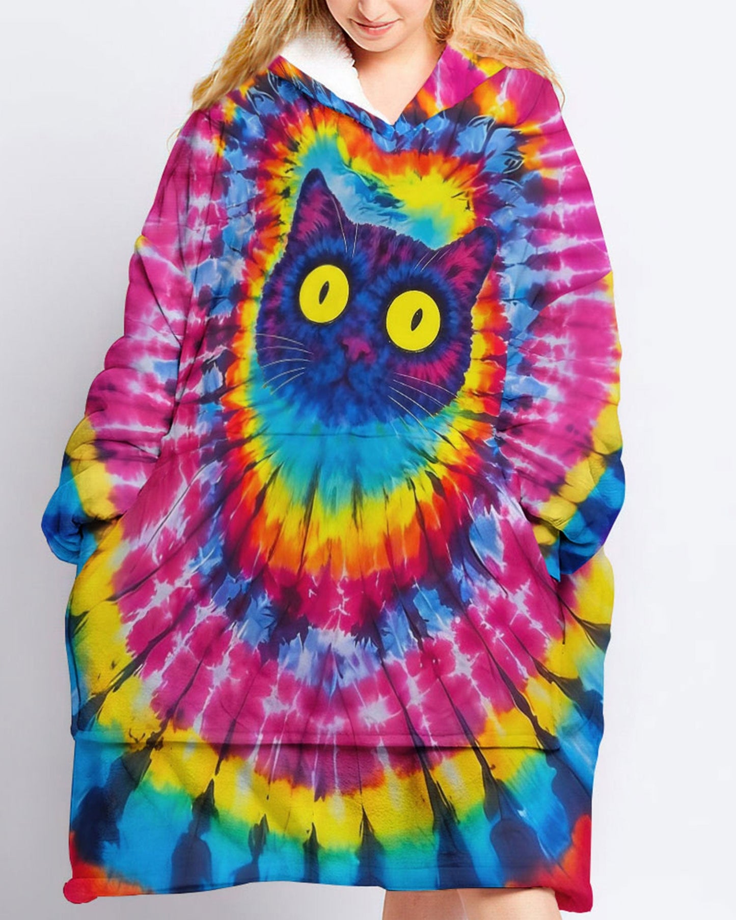CAT COLORFUL SWIRL PATTERN SHERPA BLANKET HOODIE - TLNO0701265