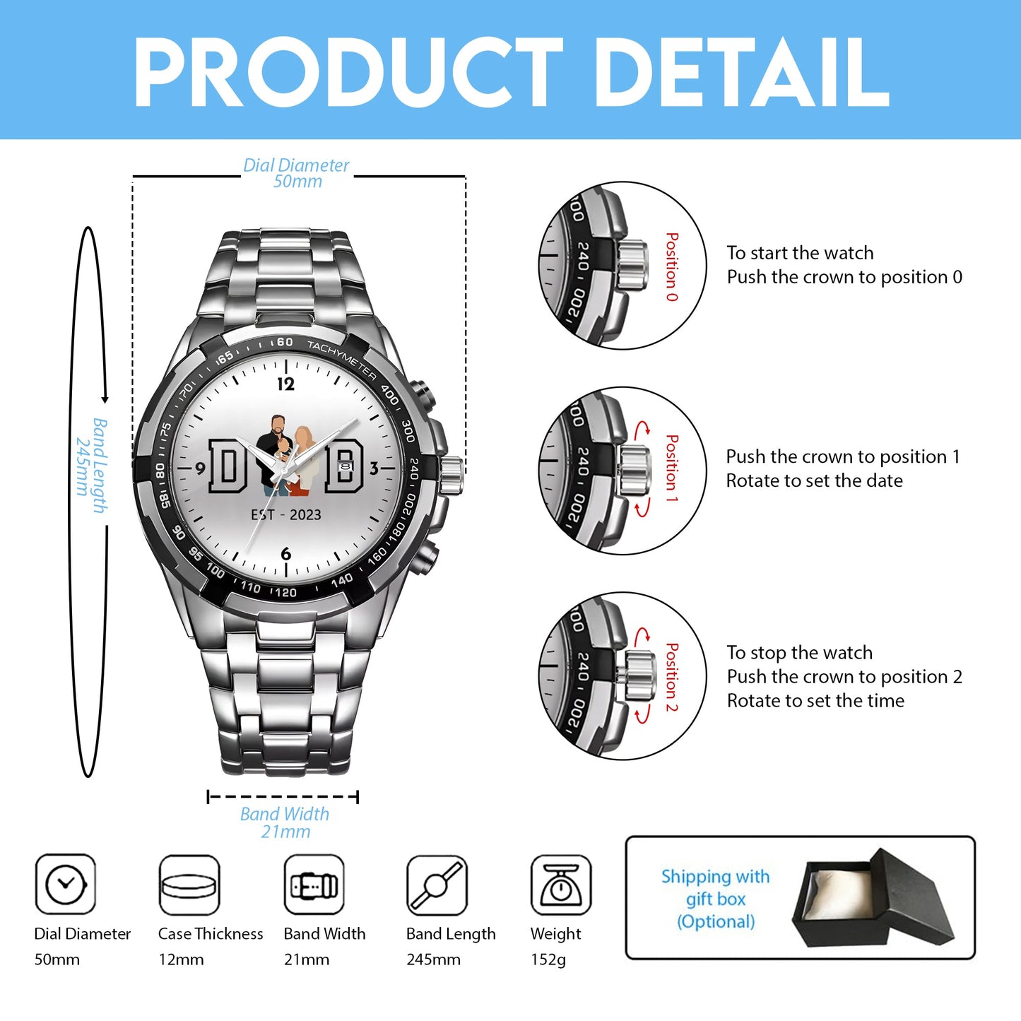 Personalized Alloy Dad Quartz Watch with Family Photos