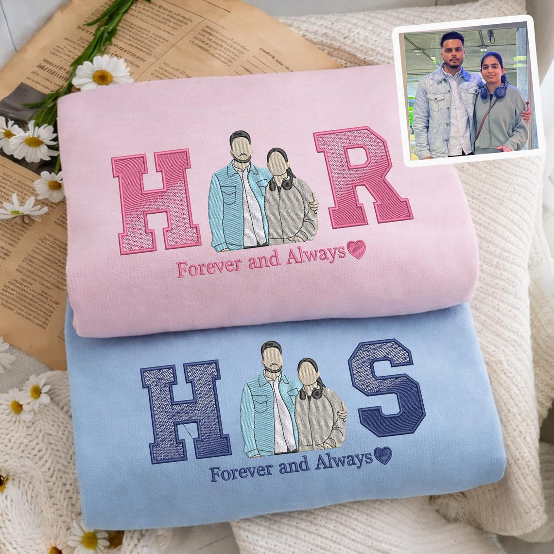 Valentine Personalized Embroidered Photo HIS HER Hoodie Sweatshirt T-Shirt