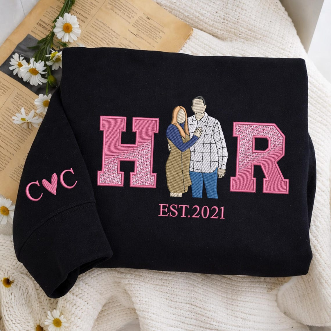 Valentine Personalized Embroidered Photo HIS HER Hoodie Sweatshirt T-Shirt