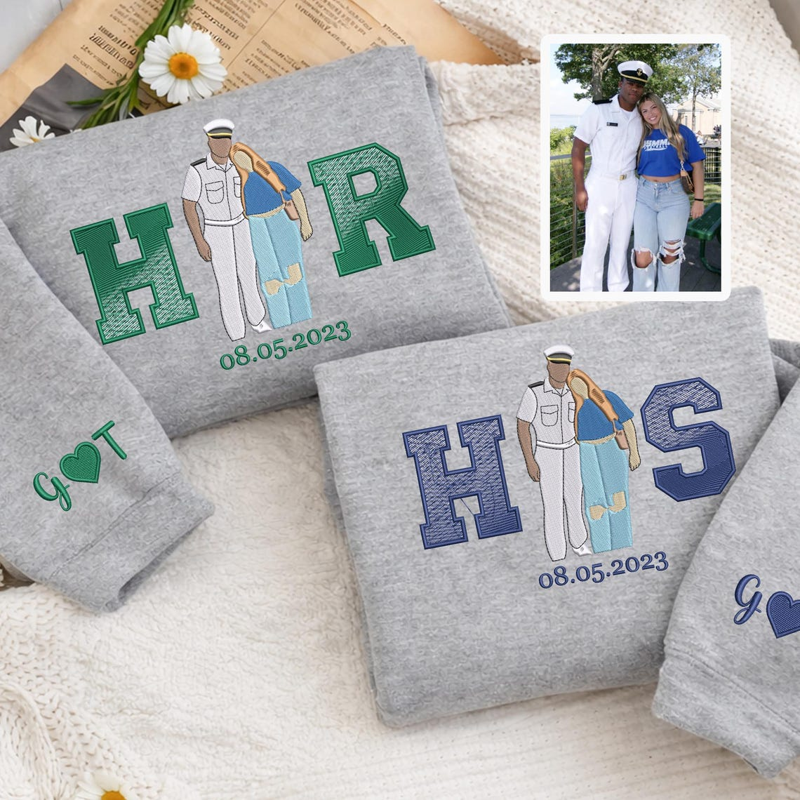 Valentine Personalized Embroidered Photo HIS HER Hoodie Sweatshirt T-Shirt