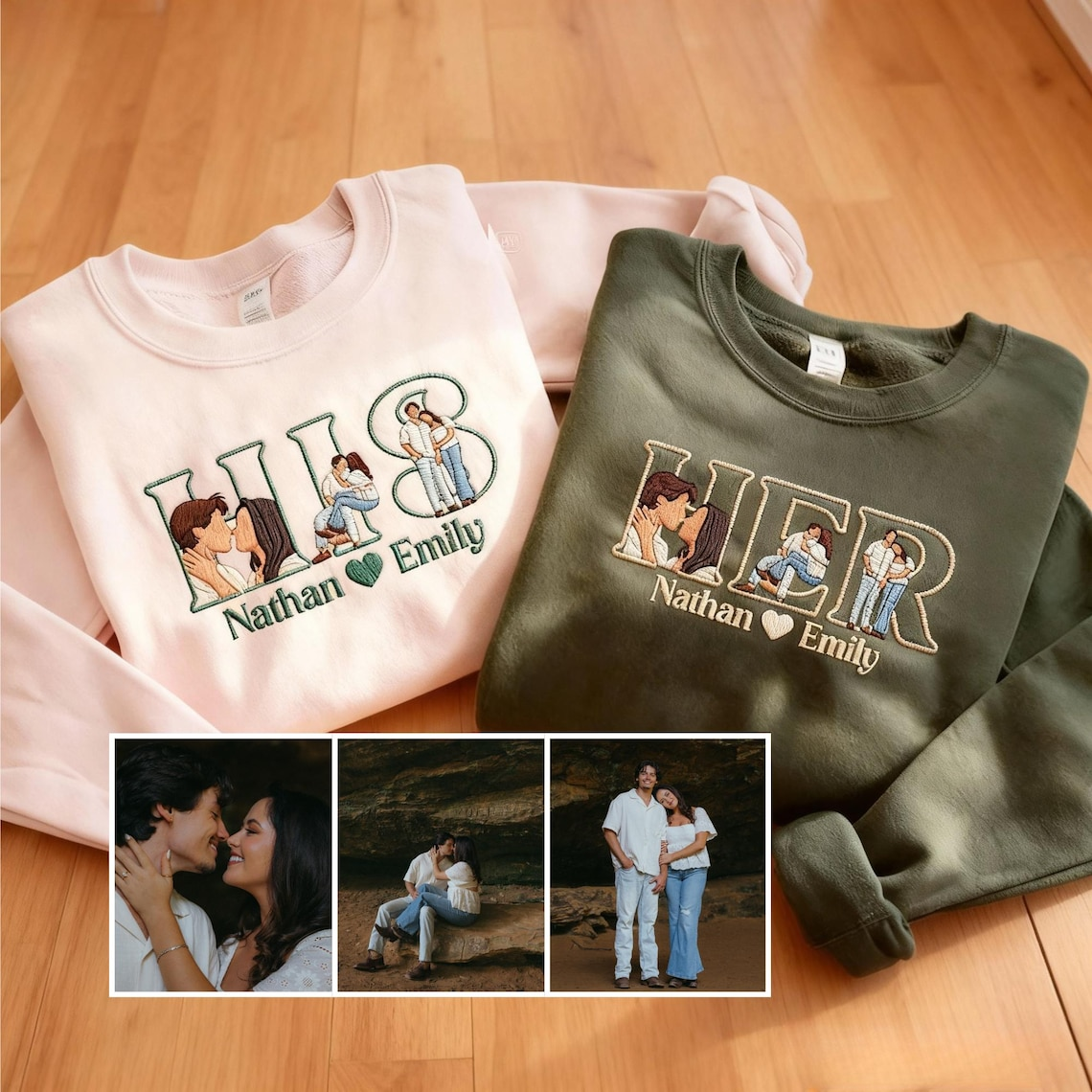 Valentine Personalized Embroidered Couple Photos Hoodie Sweatshirt T-Shirt