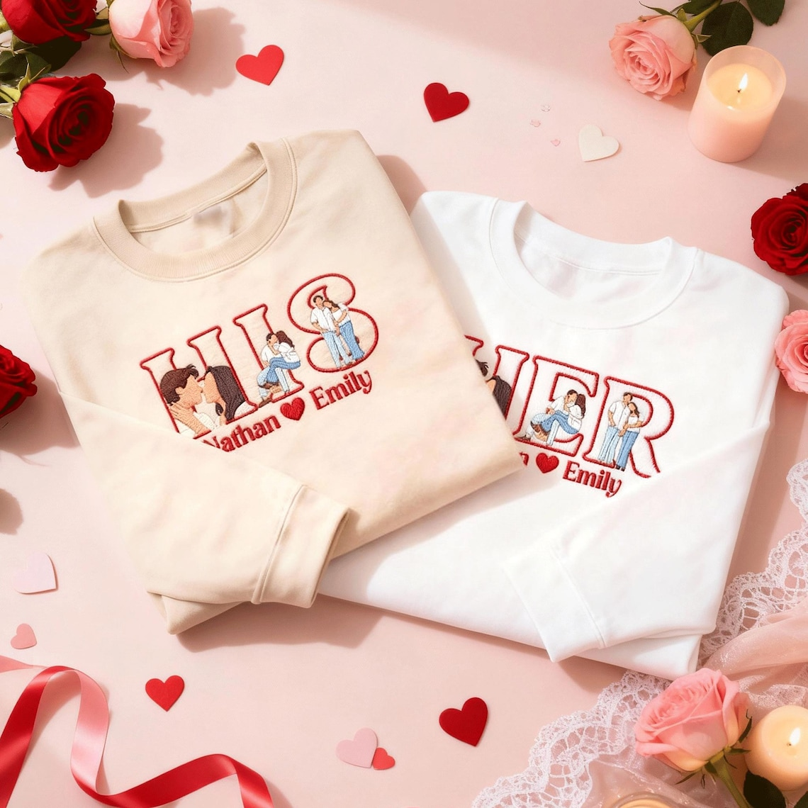 Valentine Personalized Embroidered Couple Photos Hoodie Sweatshirt T-Shirt