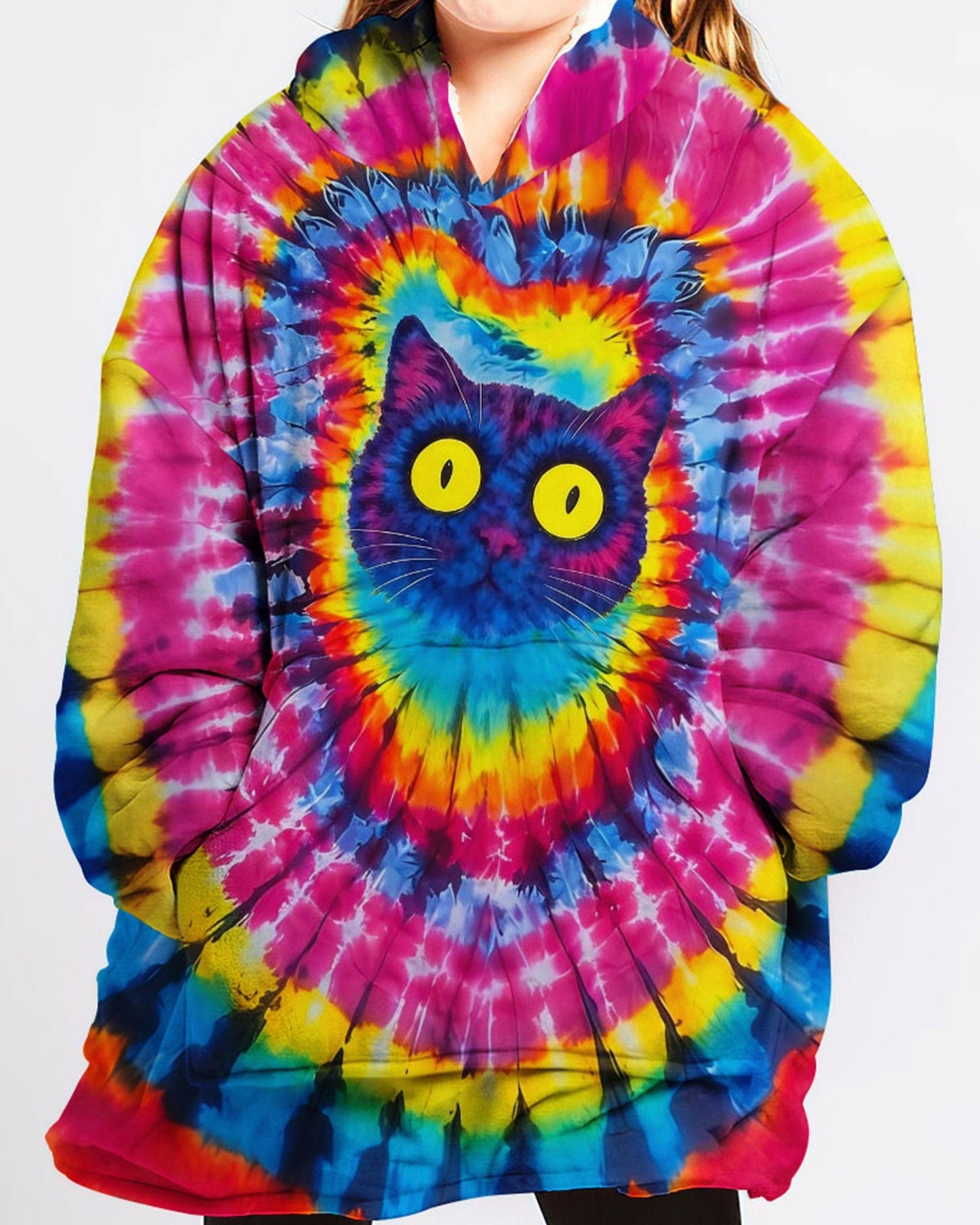 CAT COLORFUL SWIRL PATTERN SHERPA BLANKET HOODIE - TLNO0701265