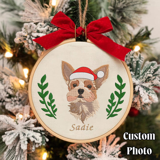 Personalized Pet Floral Wreath Embroidery Ornament | Custom Dog Portrait Hoop | Christmas Tree Decoration