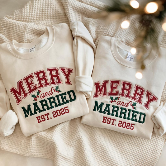 Personalized Embroidered Merry And Married Hoodie Sweatshirt T-Shirt