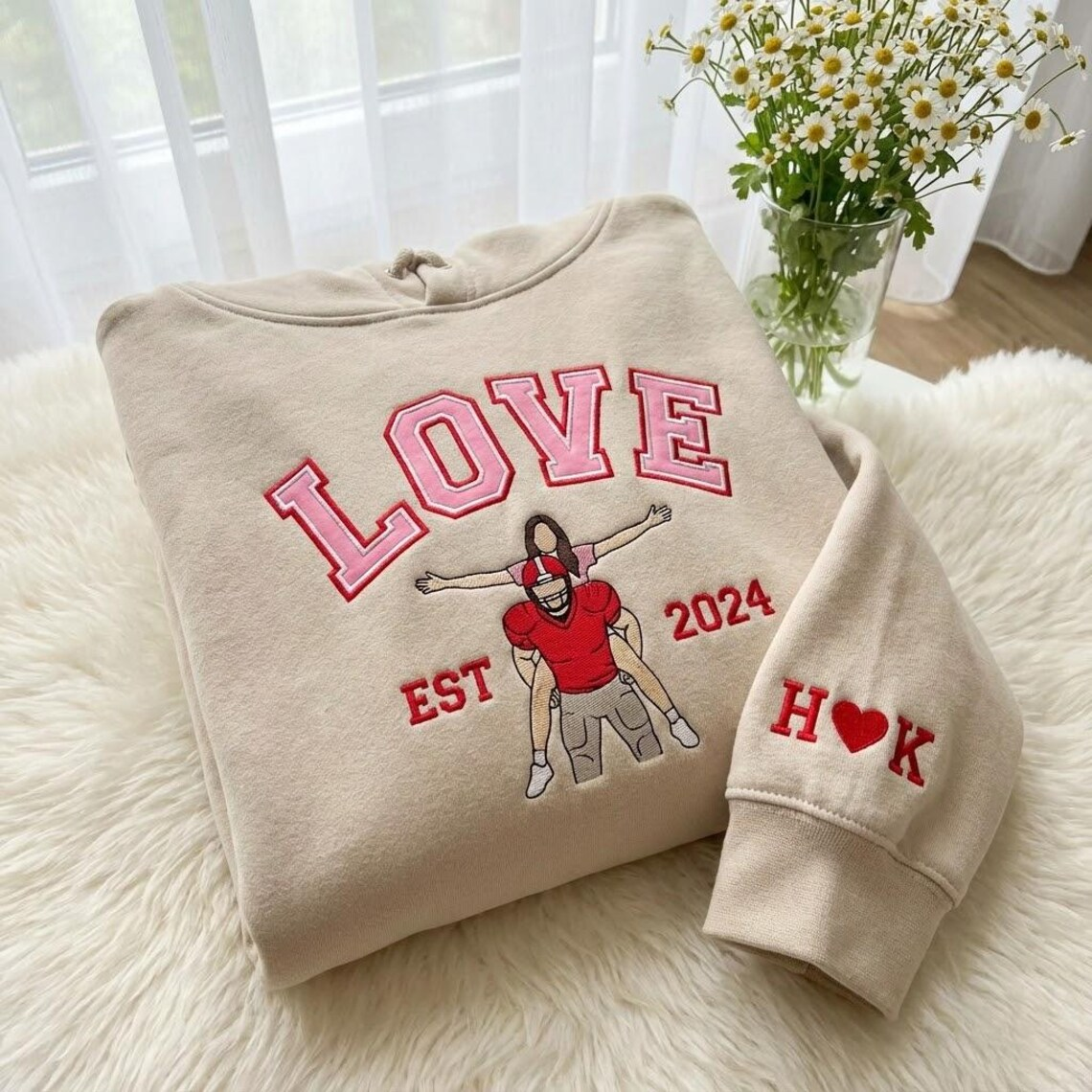 Valentine Personalized Embroidered Couple LOVE Photo Hoodie Sweatshirt T-Shirt