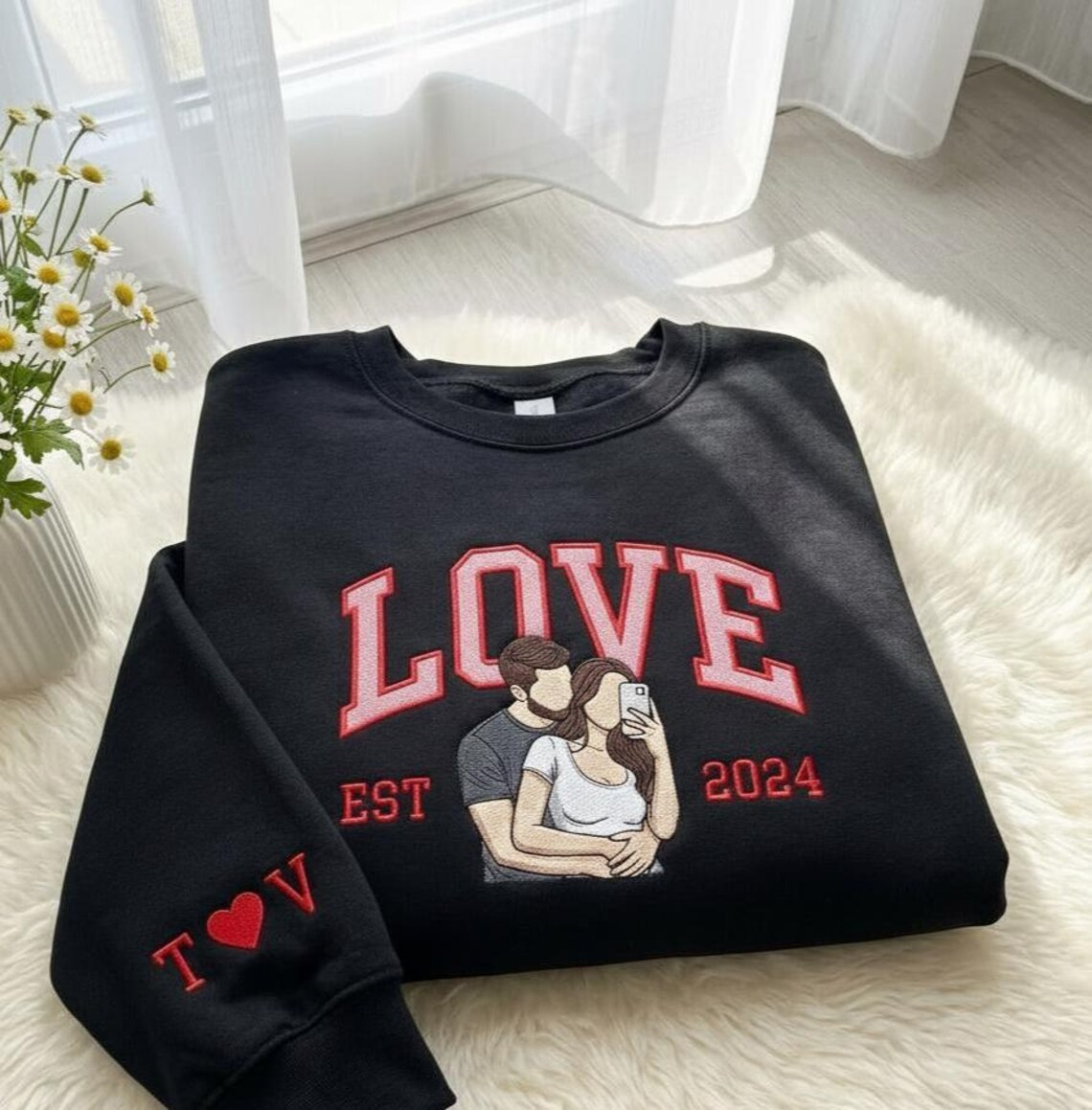 Valentine Personalized Embroidered Couple LOVE Photo Hoodie Sweatshirt T-Shirt