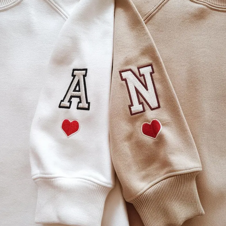 Valentine Embroidered Custom First Letter & Heart On Sleeve Hoodie Sweatshirt T-shirt