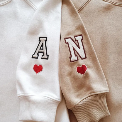 Valentine Embroidered Custom First Letter & Heart On Sleeve Hoodie Sweatshirt T-shirt