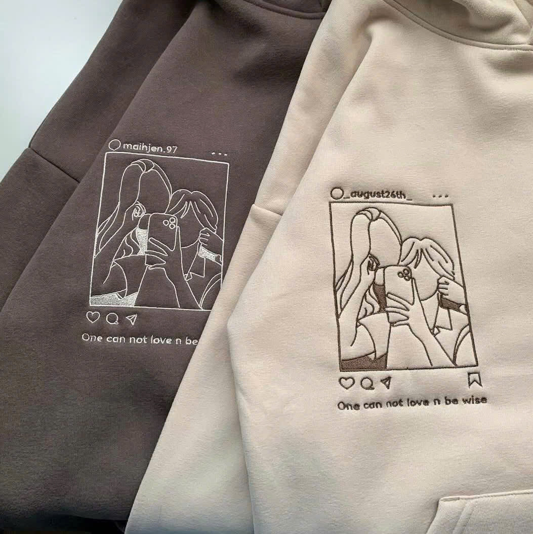 Valentine Personalized Embroidered Couple Outline Photo Instagram Theme Hoodie Sweatshirt T-Shirt