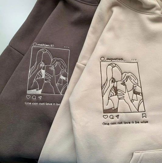 Valentine Personalized Embroidered Couple Outline Photo Instagram Theme Hoodie Sweatshirt T-Shirt